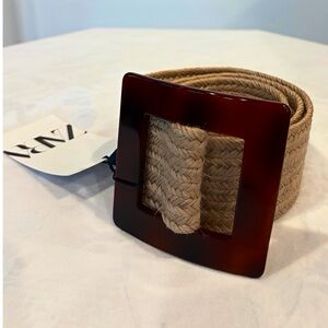 Zara NWT Braided Rope Belt,  Tortoiseshell Square Buckle, 80, 2”x39”